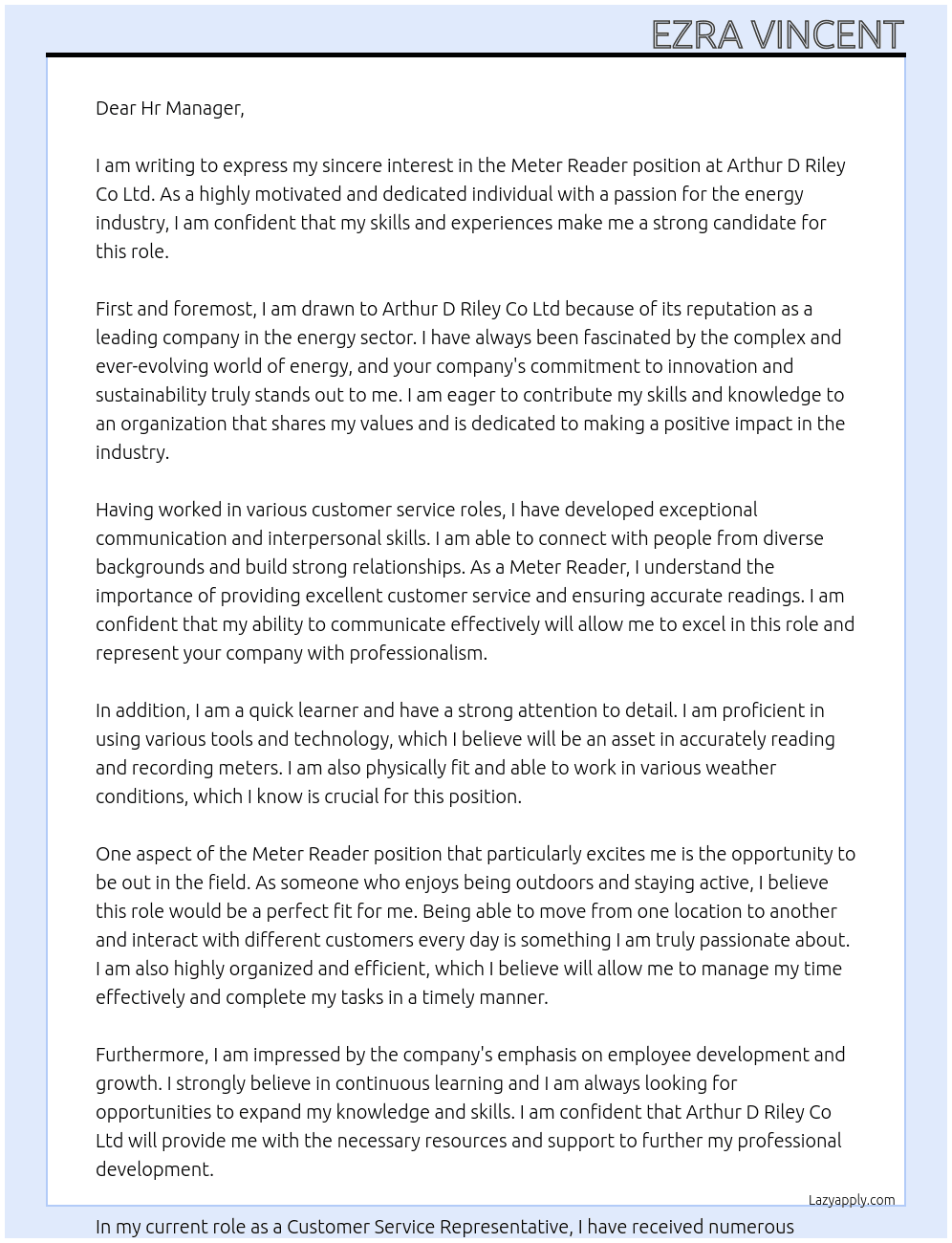 Meter Reader At Arthur D Riley Co Ltd. Cover Letter