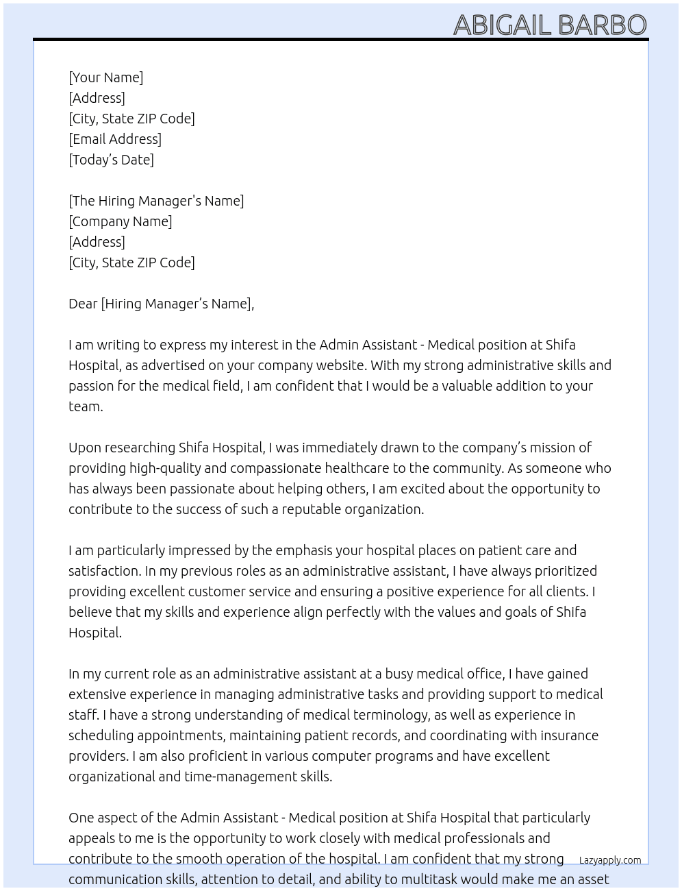 Admin Assistant - Medical At Shifa Hospital Cover Letter