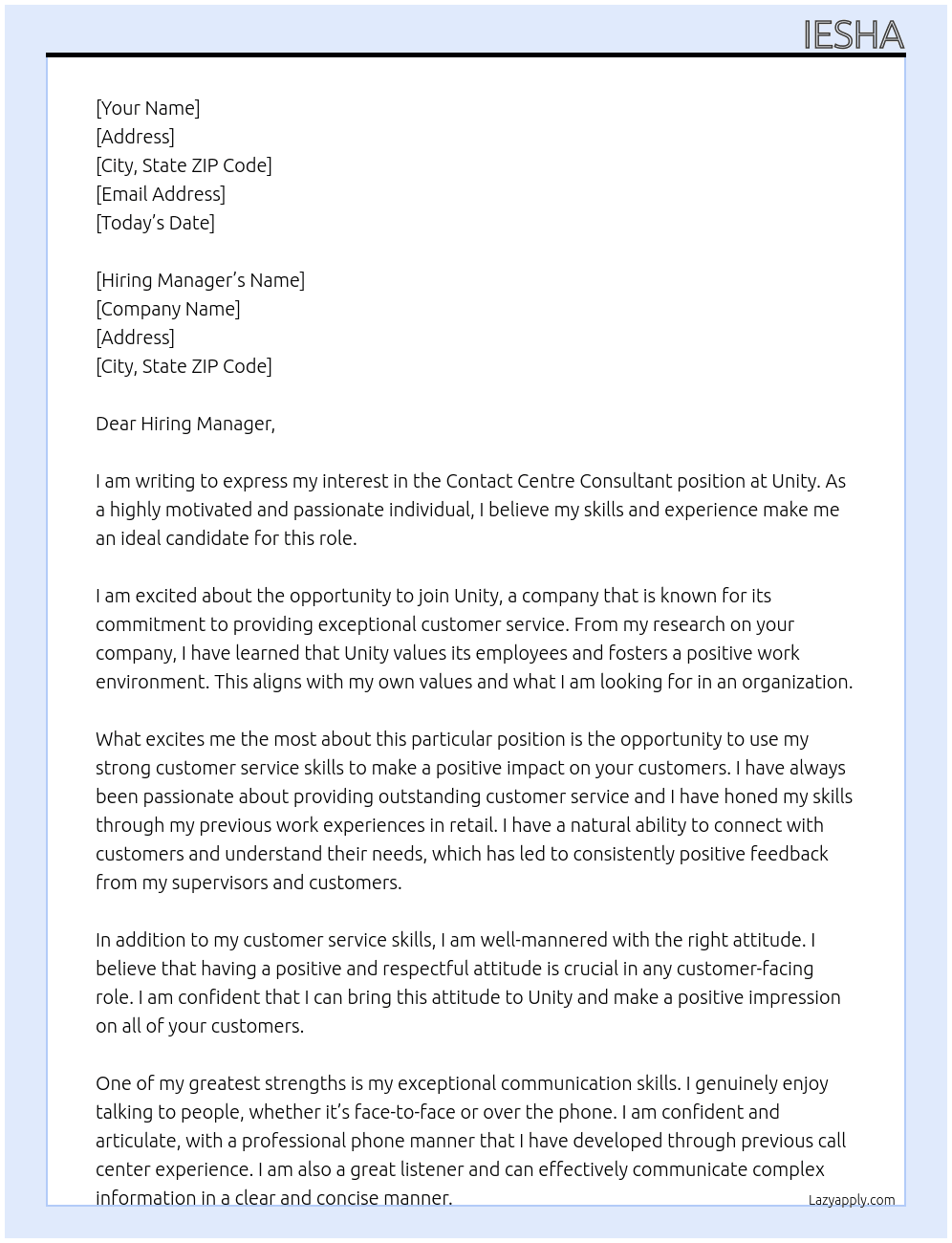 Contact Centre Consultant At Unity Cover Letter