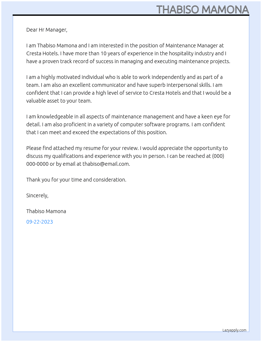 Maintenance Manager At Cresta Hotels Cover Letter
