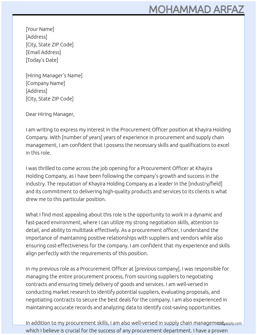Procurement Officer At Khayira Holding Company Cover Letter