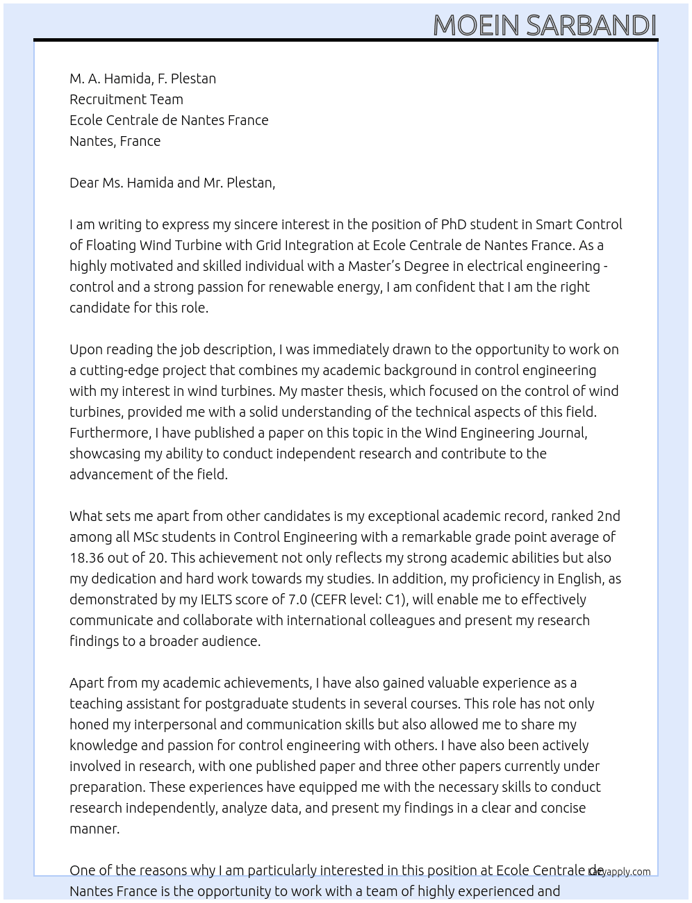 PhD student in Smart Control of Floating Wind Turbine with Grid Integration At Ecole Centrale de Nantes France Cover Letter