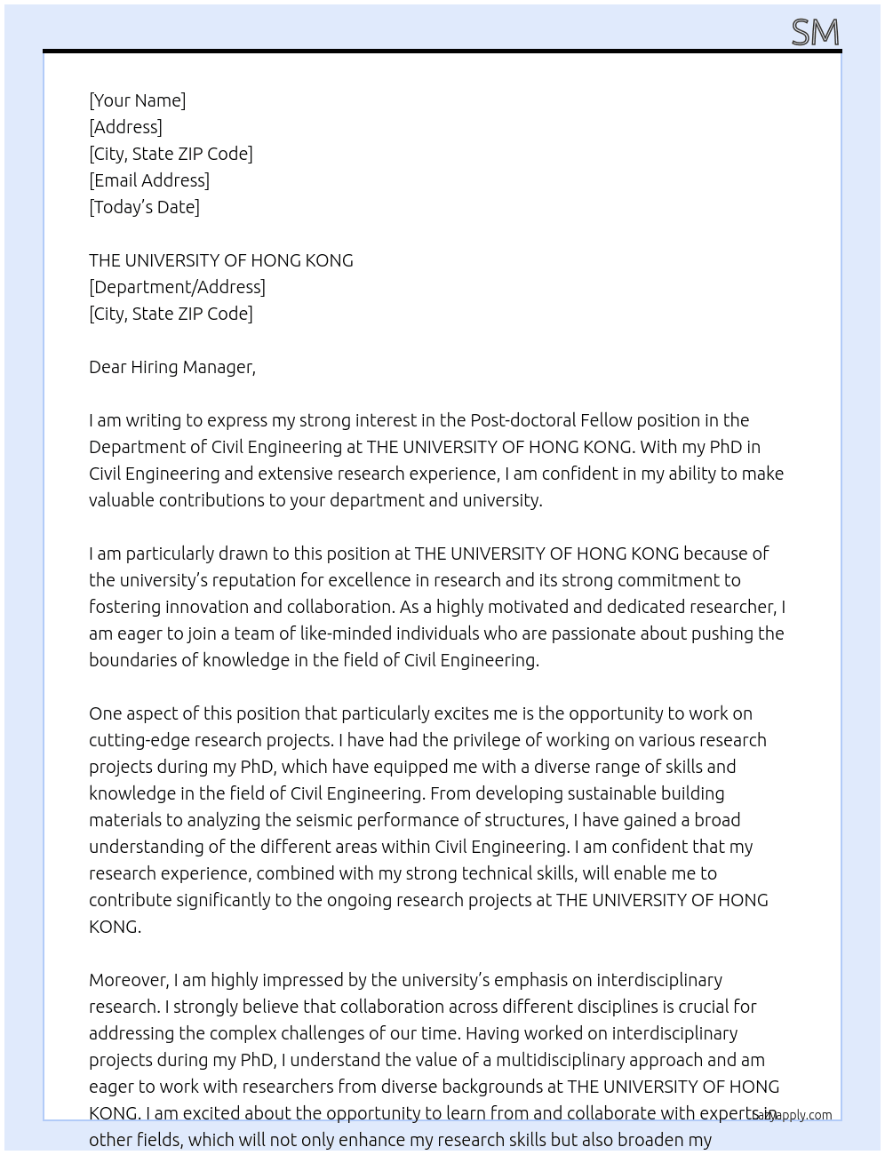 Post-doctoral Fellow in the Department of Civil Engineering At THE UNIVERSITY OF HONG KONG Cover Letter