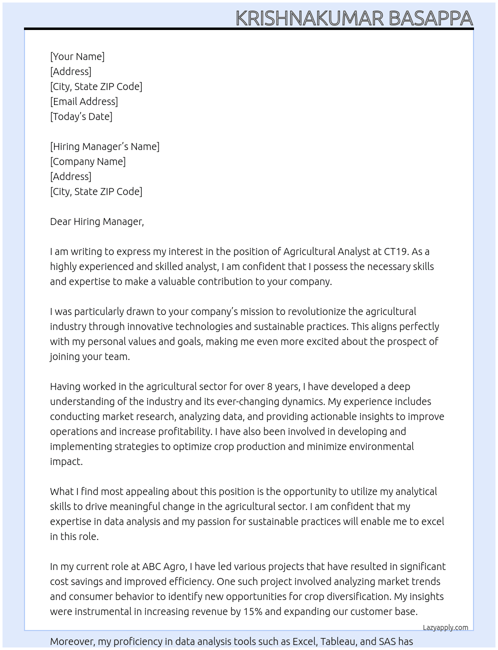 Agricultutral analyst At CT19 Cover Letter