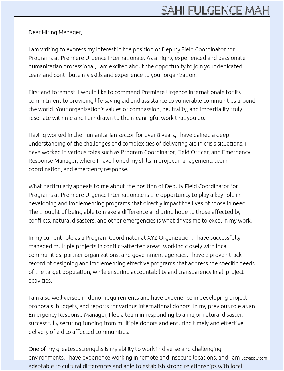 Deputy Field Coordinator for Programs At PREMIERE URGENCE INTERNATIONALE Cover Letter