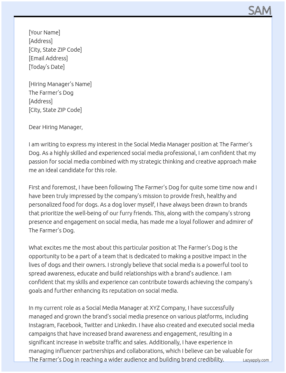 Social Media Manager At The Farmer's Dog Cover Letter