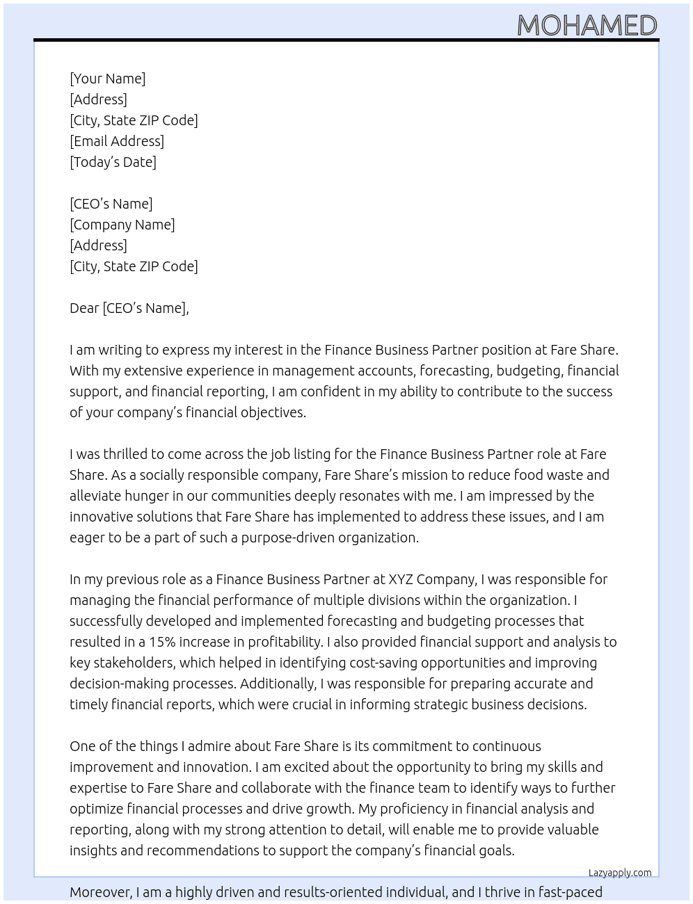 Finance Business Partner At Fare Share Cover Letter