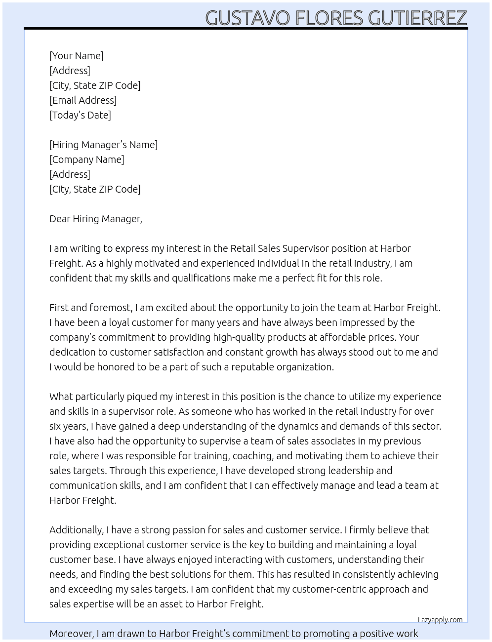 Retail Sales Supervisor At Harbor Freight Cover Letter
