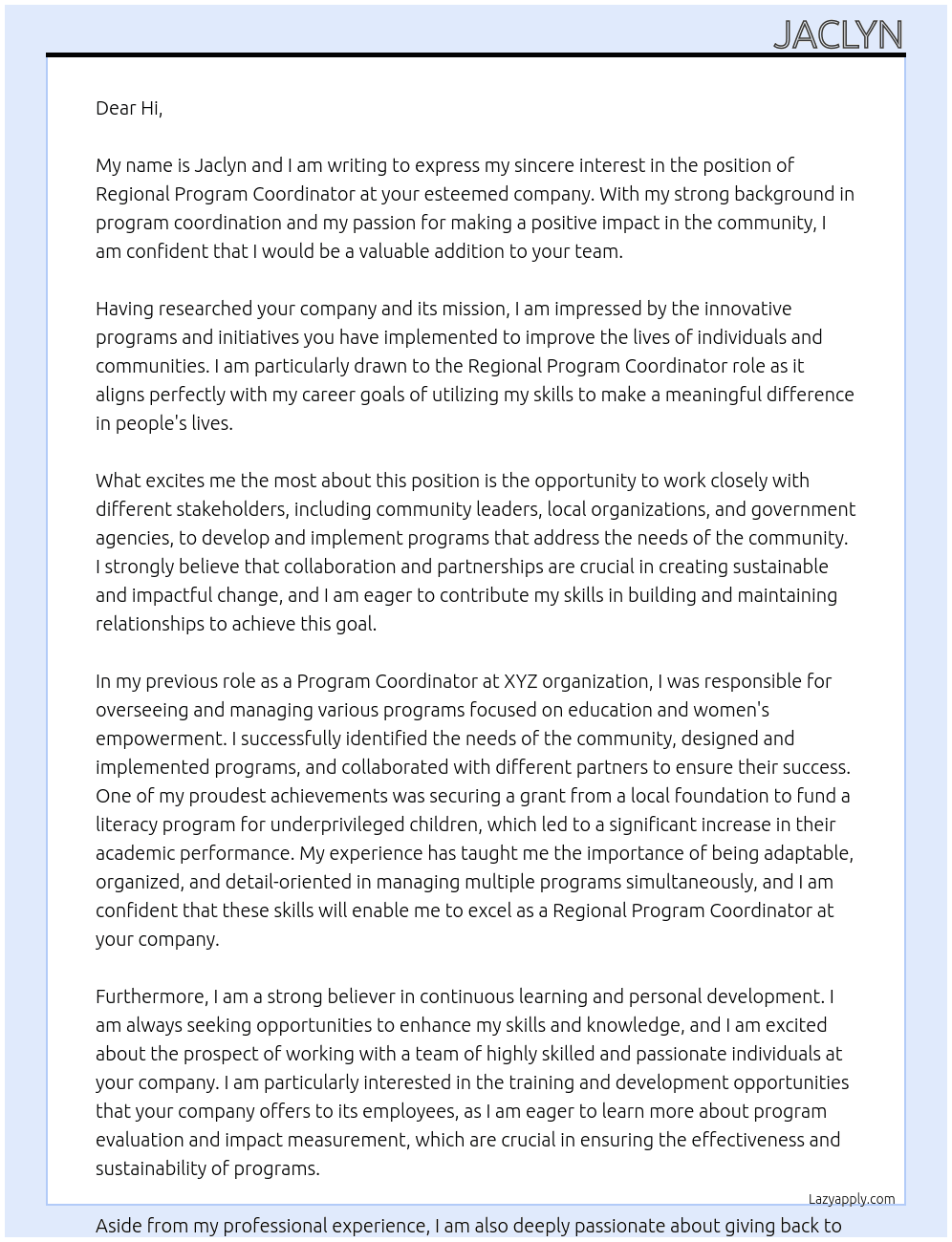 Cover letter for regional program coordinator - LazyApply