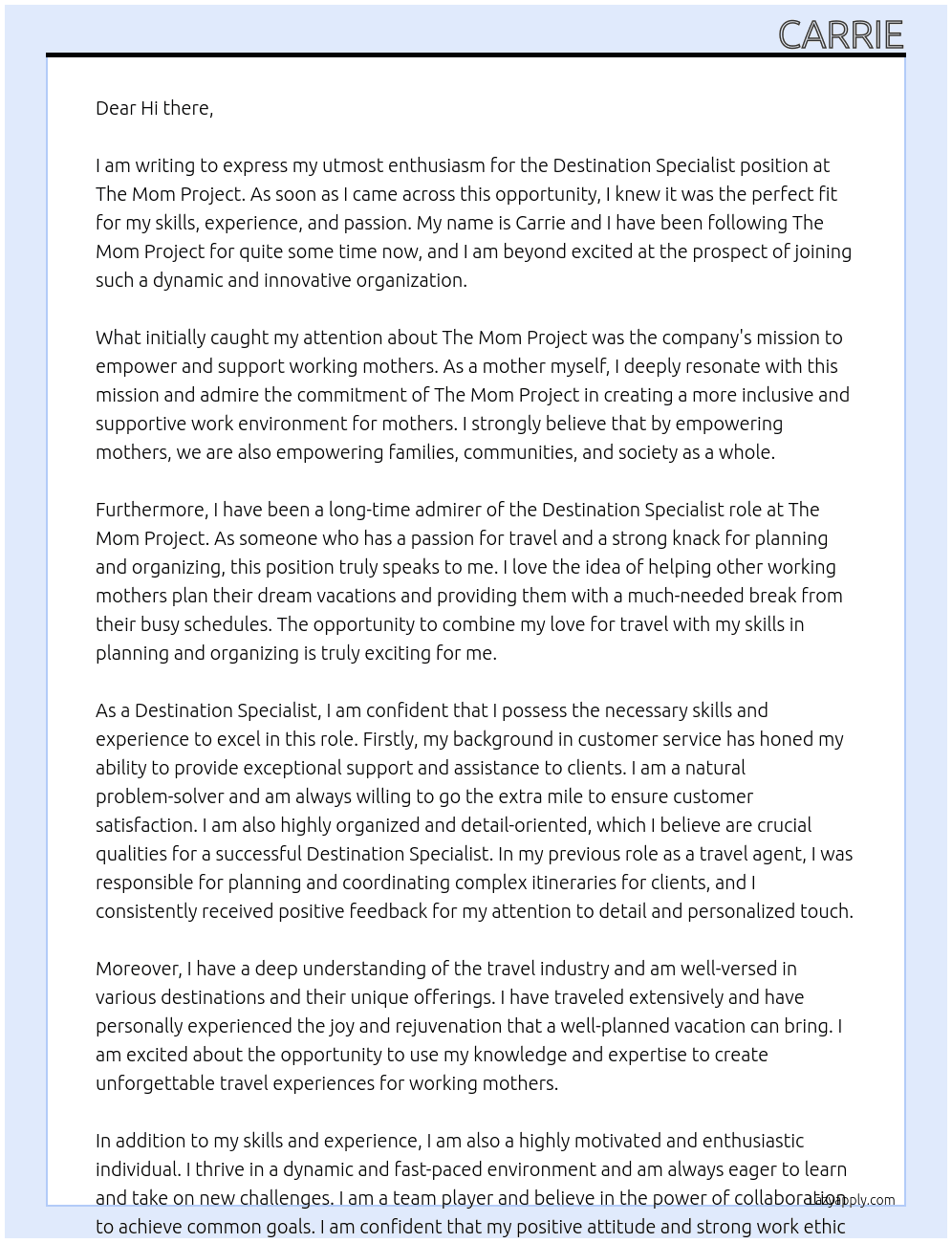 Cover letter for destination specialist - LazyApply