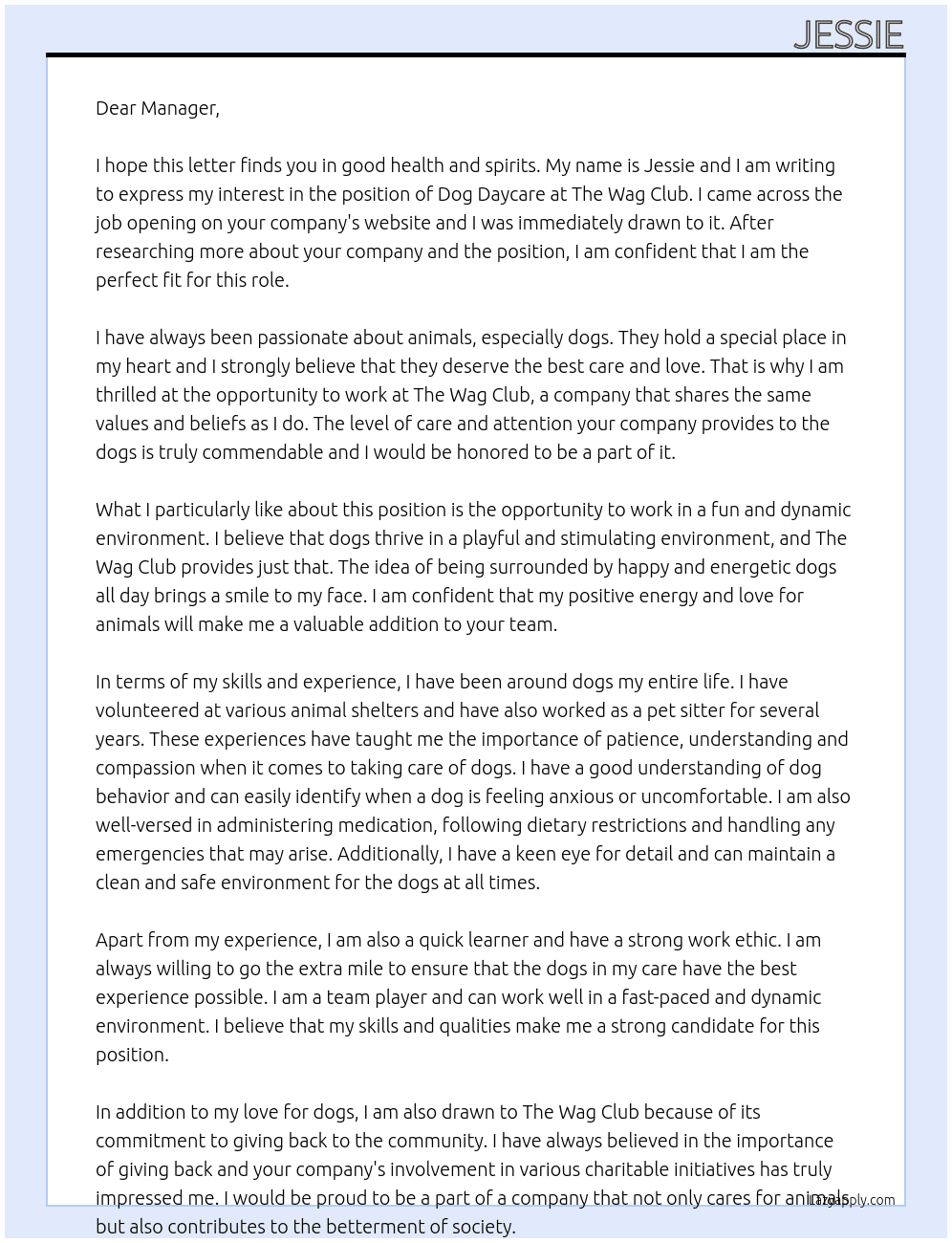 dog daycare At the wag club Cover Letter