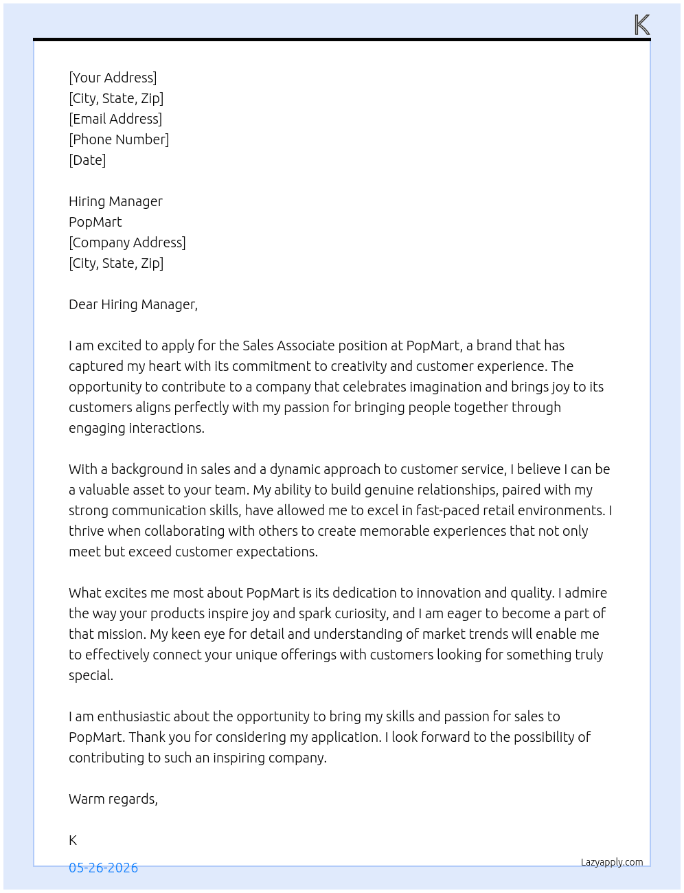 Sales Associates At PopMart Cover Letter