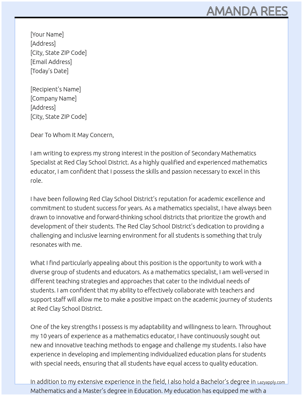 Secondary Mathematics Specialist At Red Clay School District Cover Letter