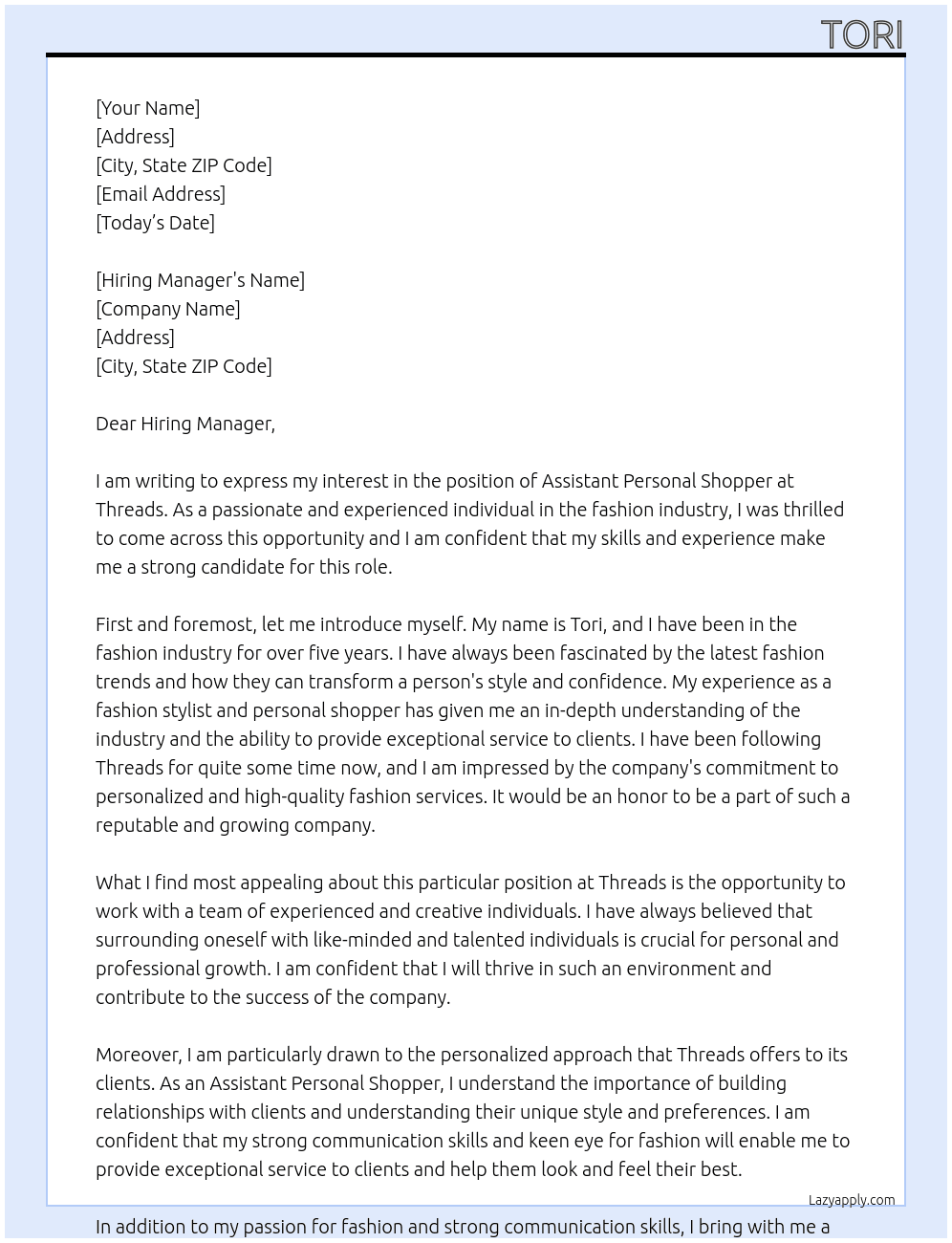 Assistant personal shopper At Threads Cover Letter