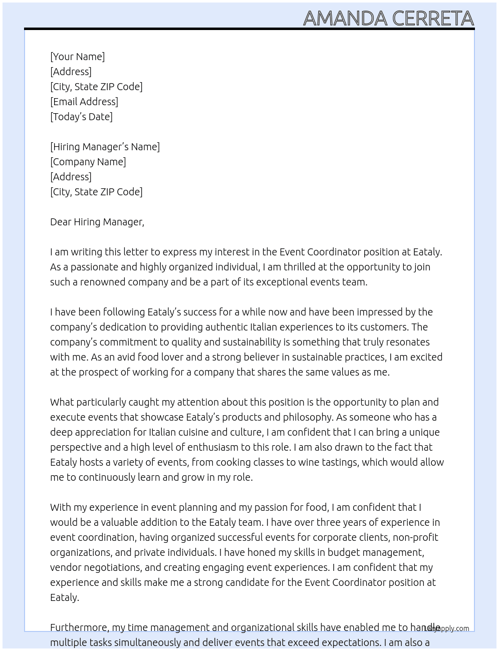 Event Coordinator At Eataly Cover Letter