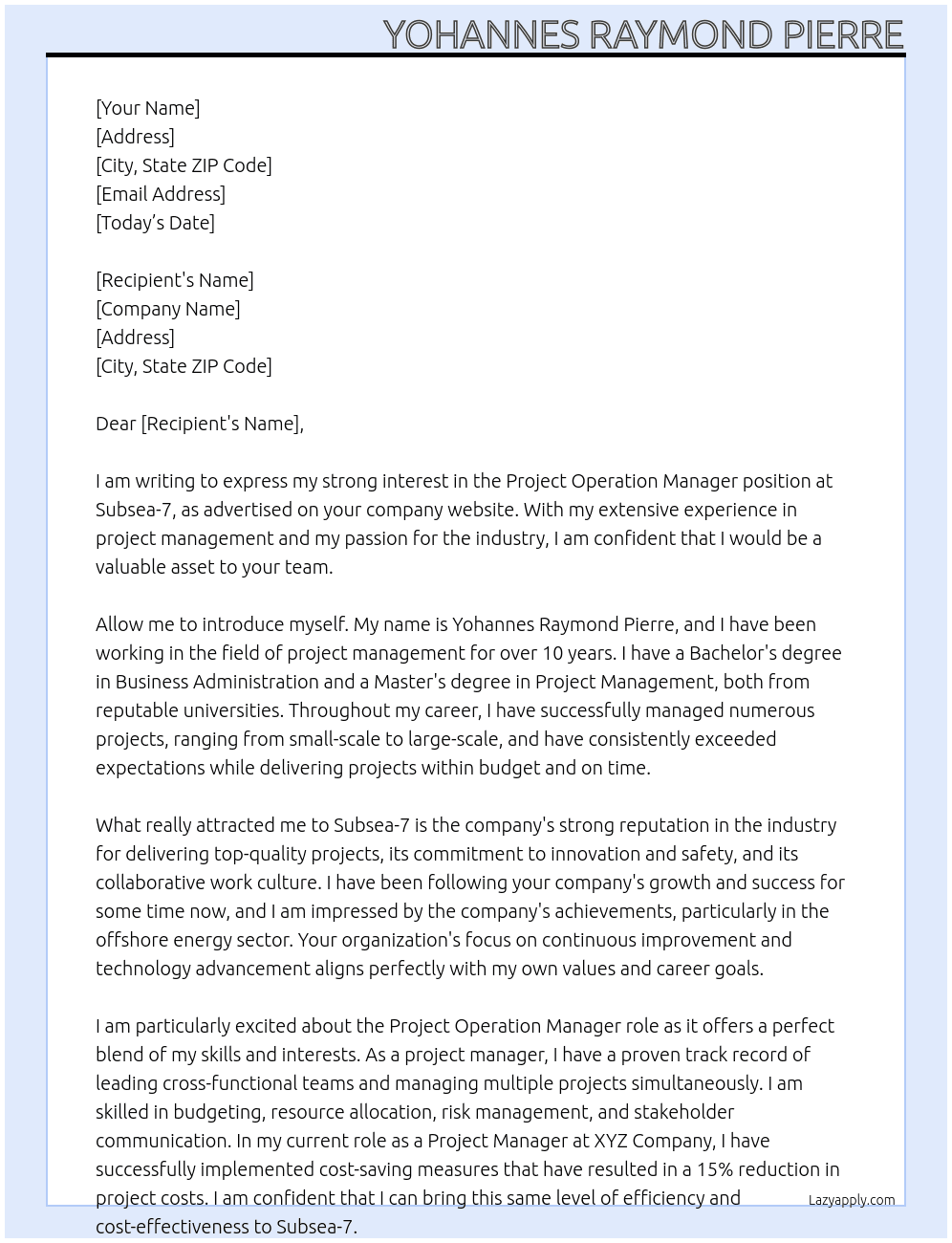 Project Operation Manager At Subsea-7 Cover Letter