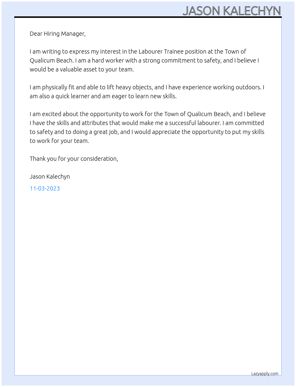 Labourer Trainee At Town of Qualicum Beach Cover Letter