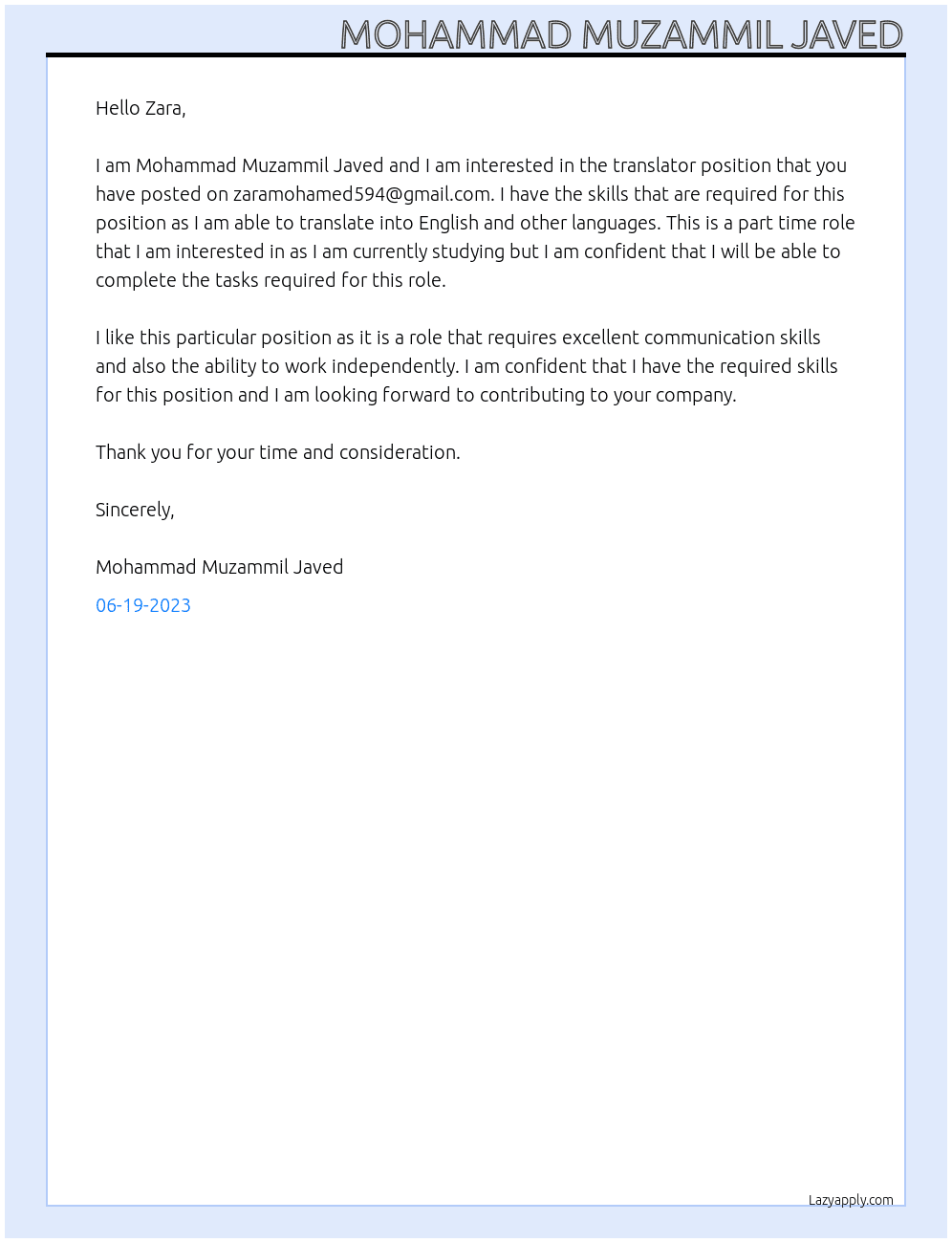Translator  At zaramohamed594@gmail.com Cover Letter
