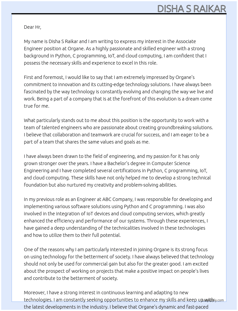 Associate Engineer At Organe  Cover Letter
