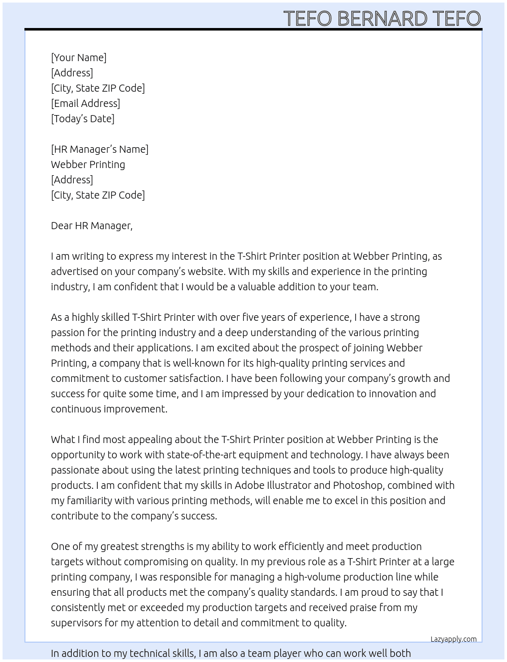 T-Shirt Printer At Webber Printing Cover Letter