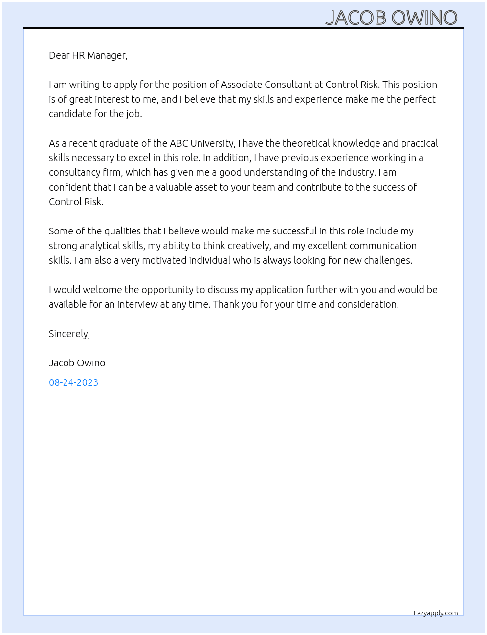 Associate Consultant  At Control Risk Cover Letter