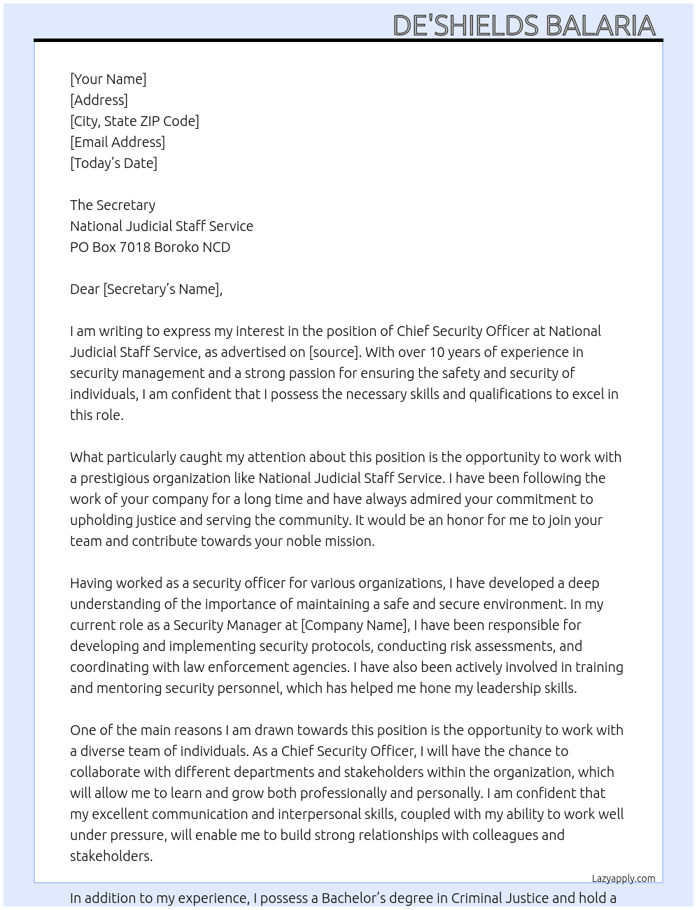Chief security Officer  At National Judicial Staff Service  Cover Letter