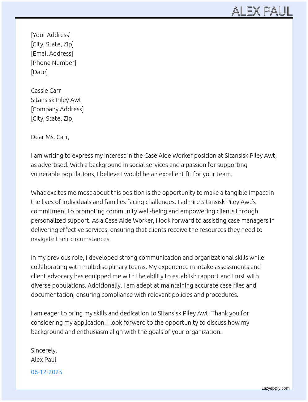 Cover letter for case aide worker - LazyApply