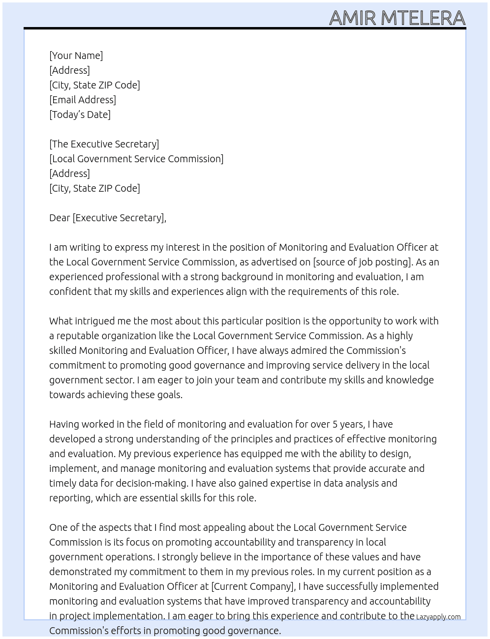 Monitoring and Evaluation officer  At Local government service Commission  Cover Letter