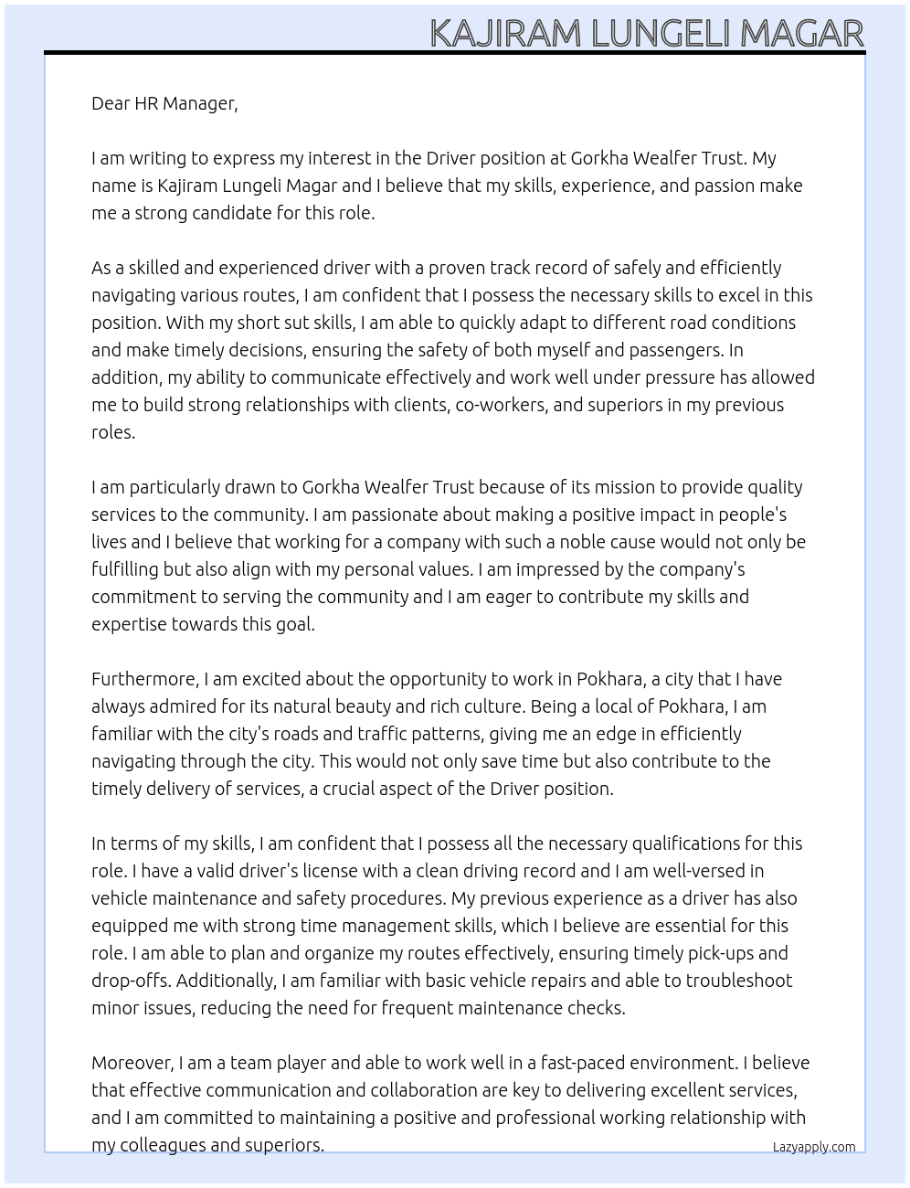 Driver At Gorkha Wealfer Trust Cover Letter