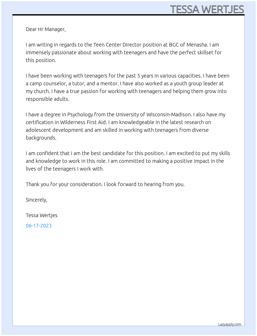 Teen Center Director At BGC of Menasha  Cover Letter