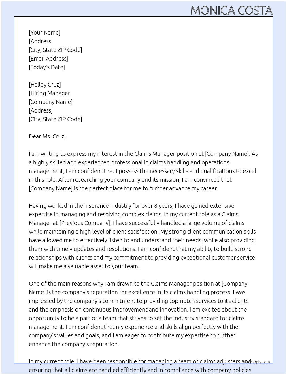 Claims Manager At Claims Manager Cover Letter