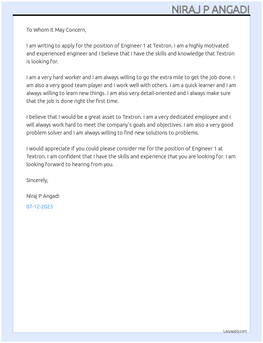Engineer 1 At Textron Cover Letter