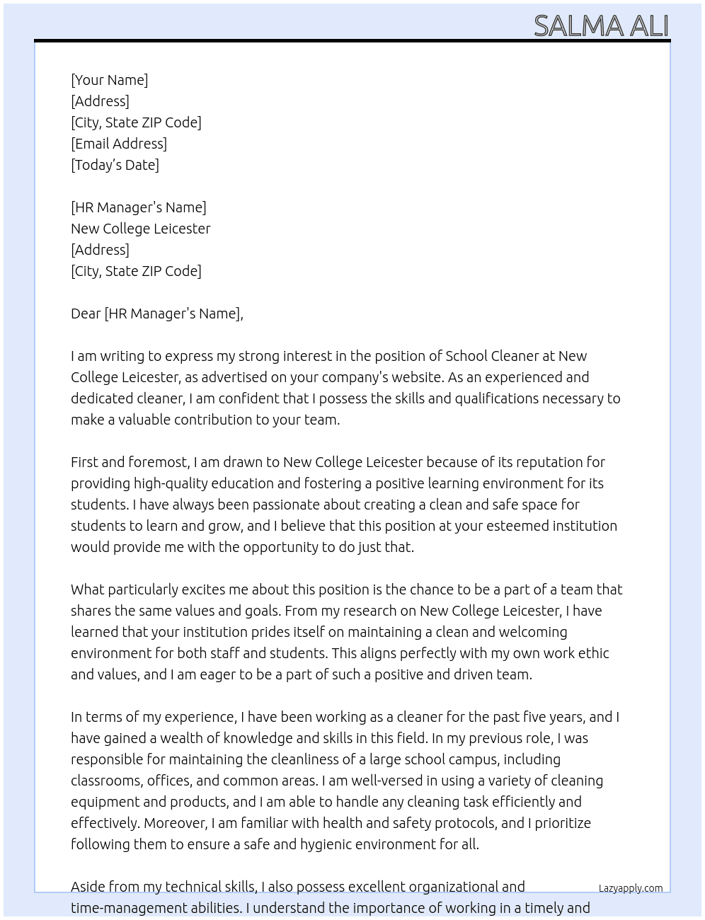 School Cleaner At New College Leicester Cover Letter