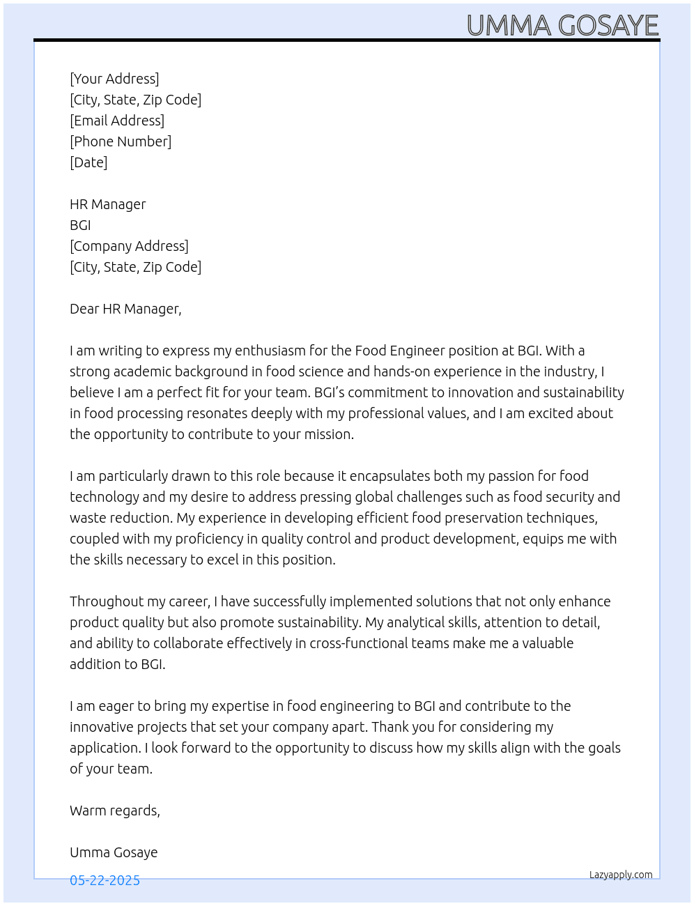 Cover letter for food engineer - LazyApply