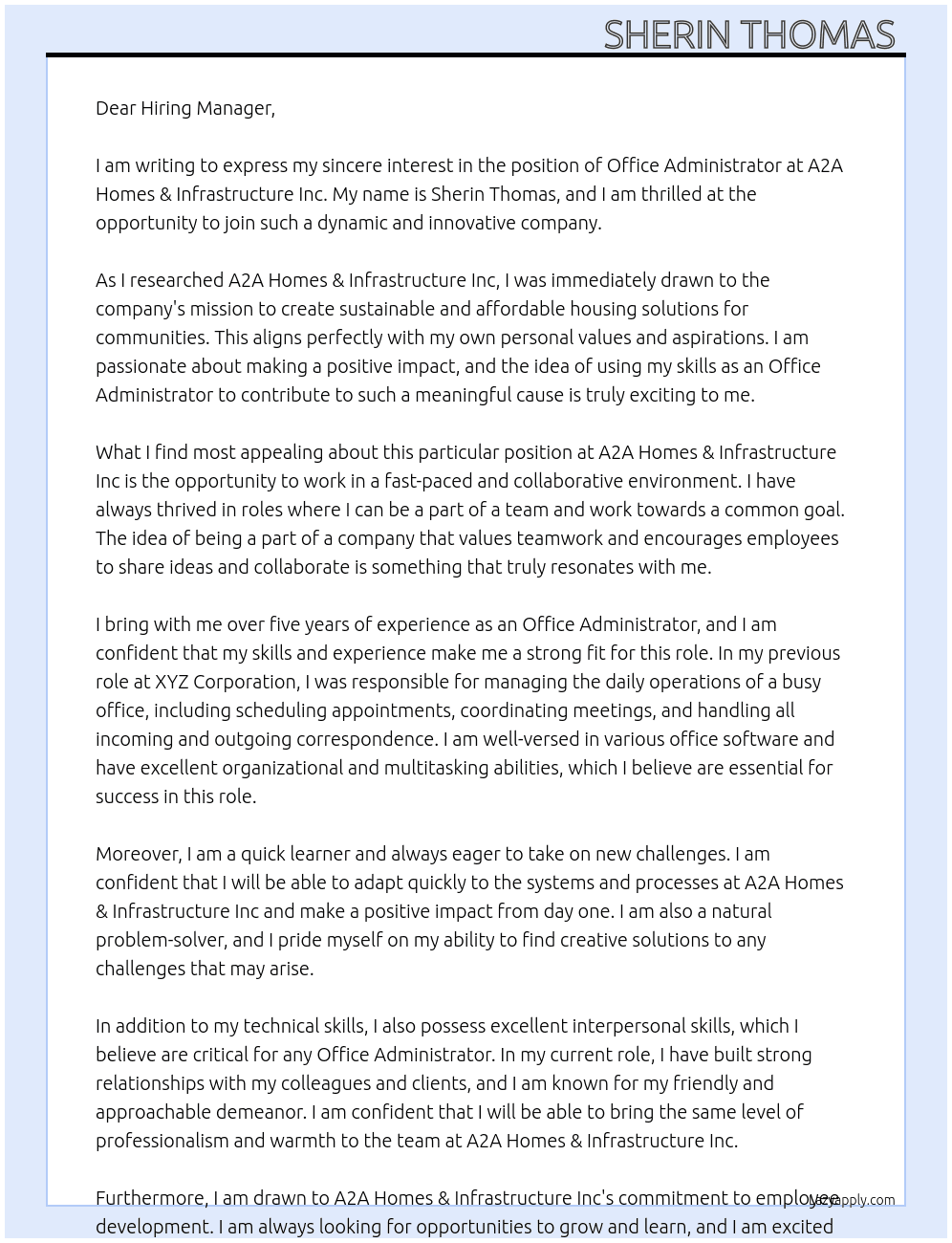 Office administrator At A2A Homes & Infrastructure Inc Cover Letter
