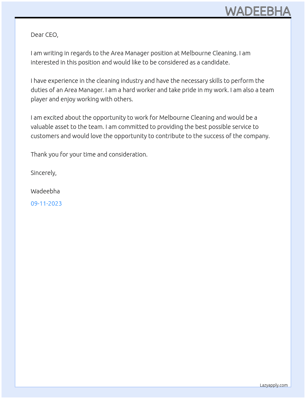 Area Manager At Melbourne Cleaning Cover Letter