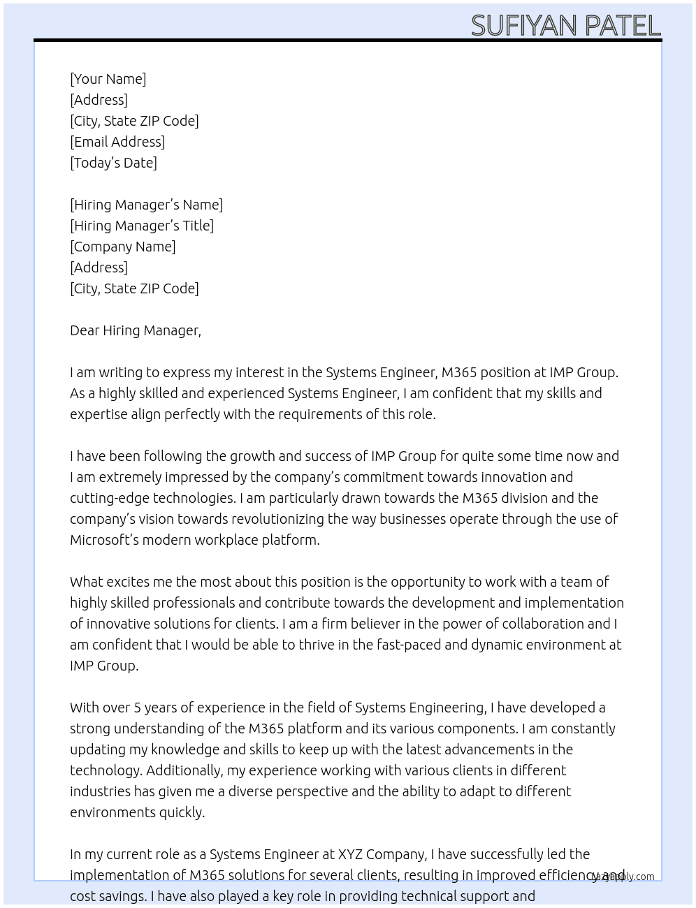  Systems Engineer, M365 At IMP Group Cover Letter