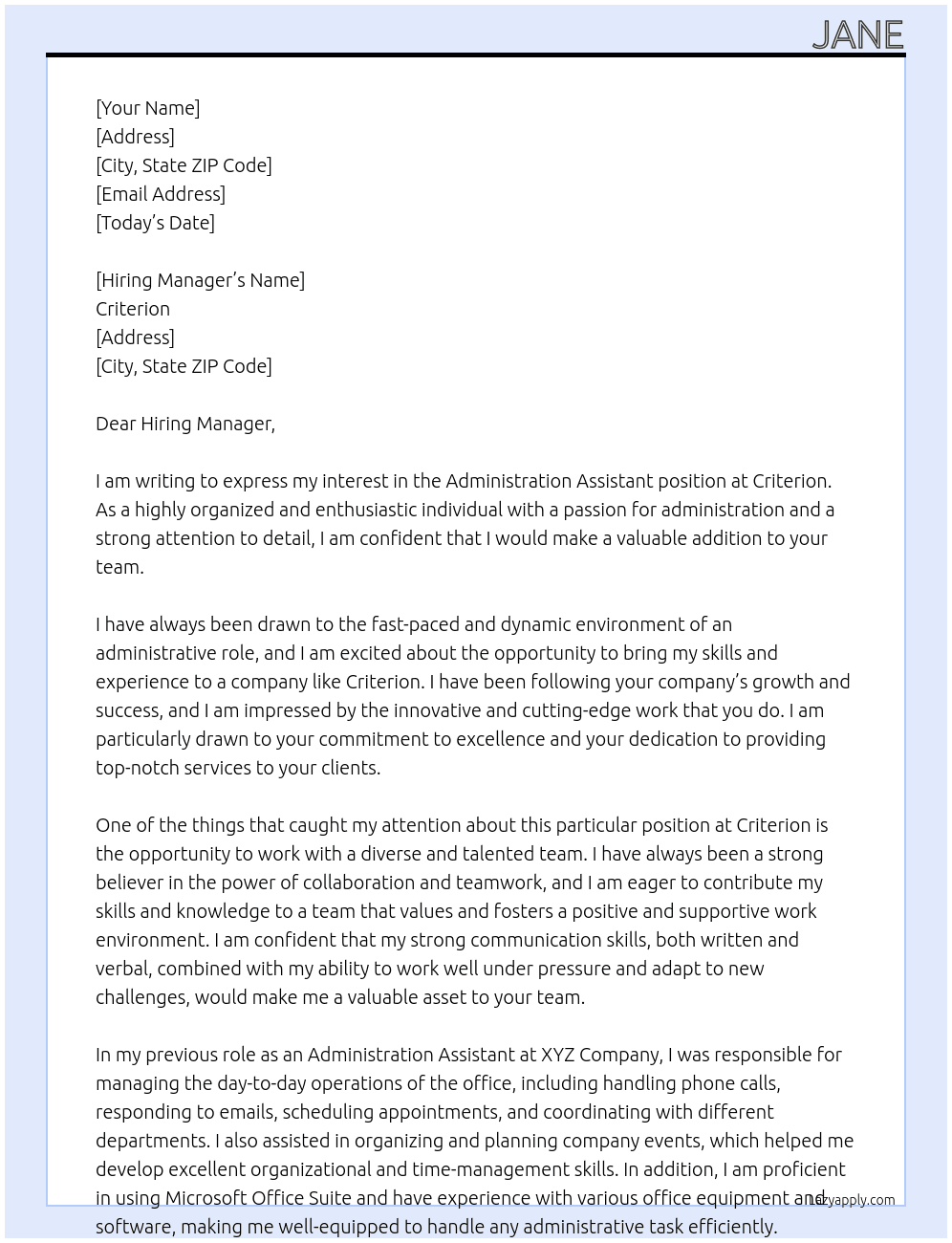 Administration Assistant  At Criterion Cover Letter