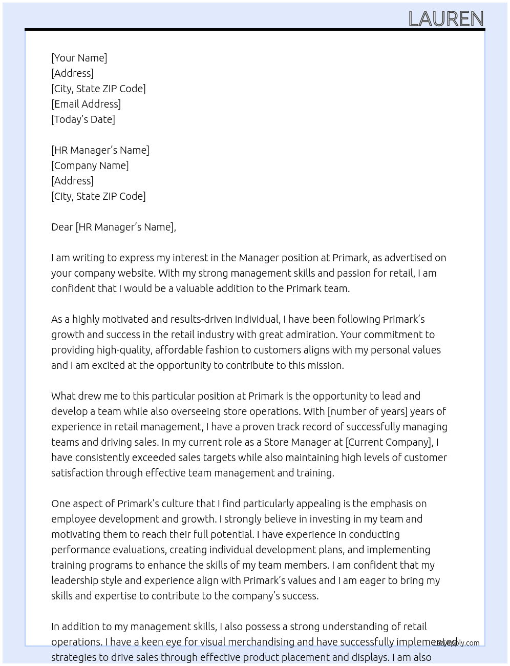 Manager At Primark Cover Letter