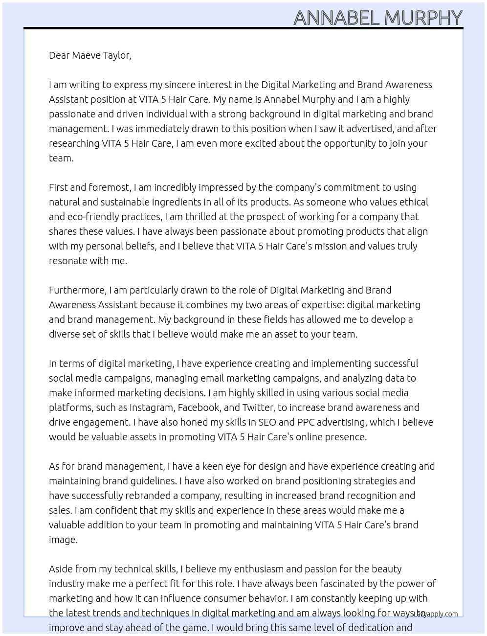Digital Marketing and Brand Awareness Assistant At VITA 5 Hair Care Cover Letter