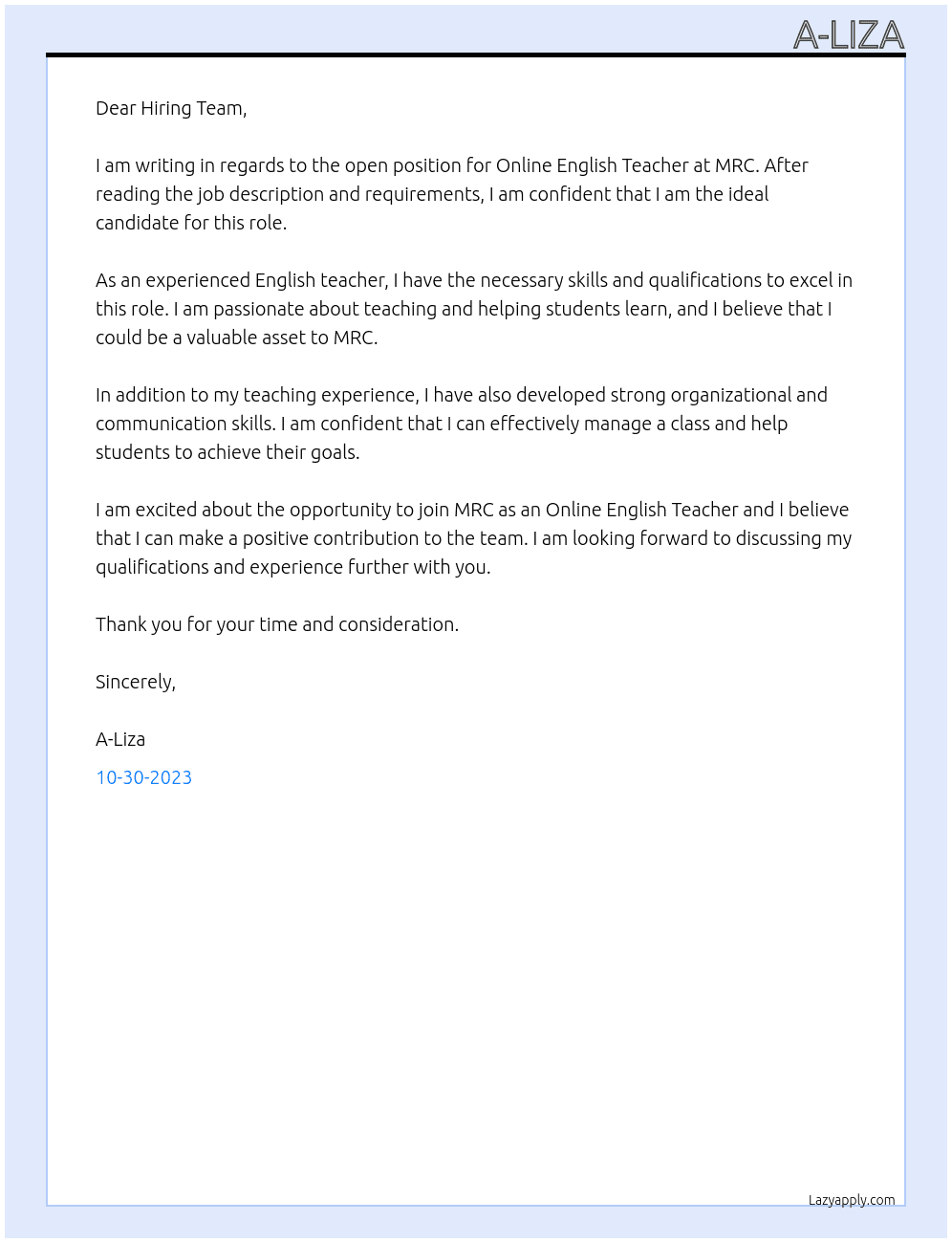 Online English Teacher At MRC Cover Letter