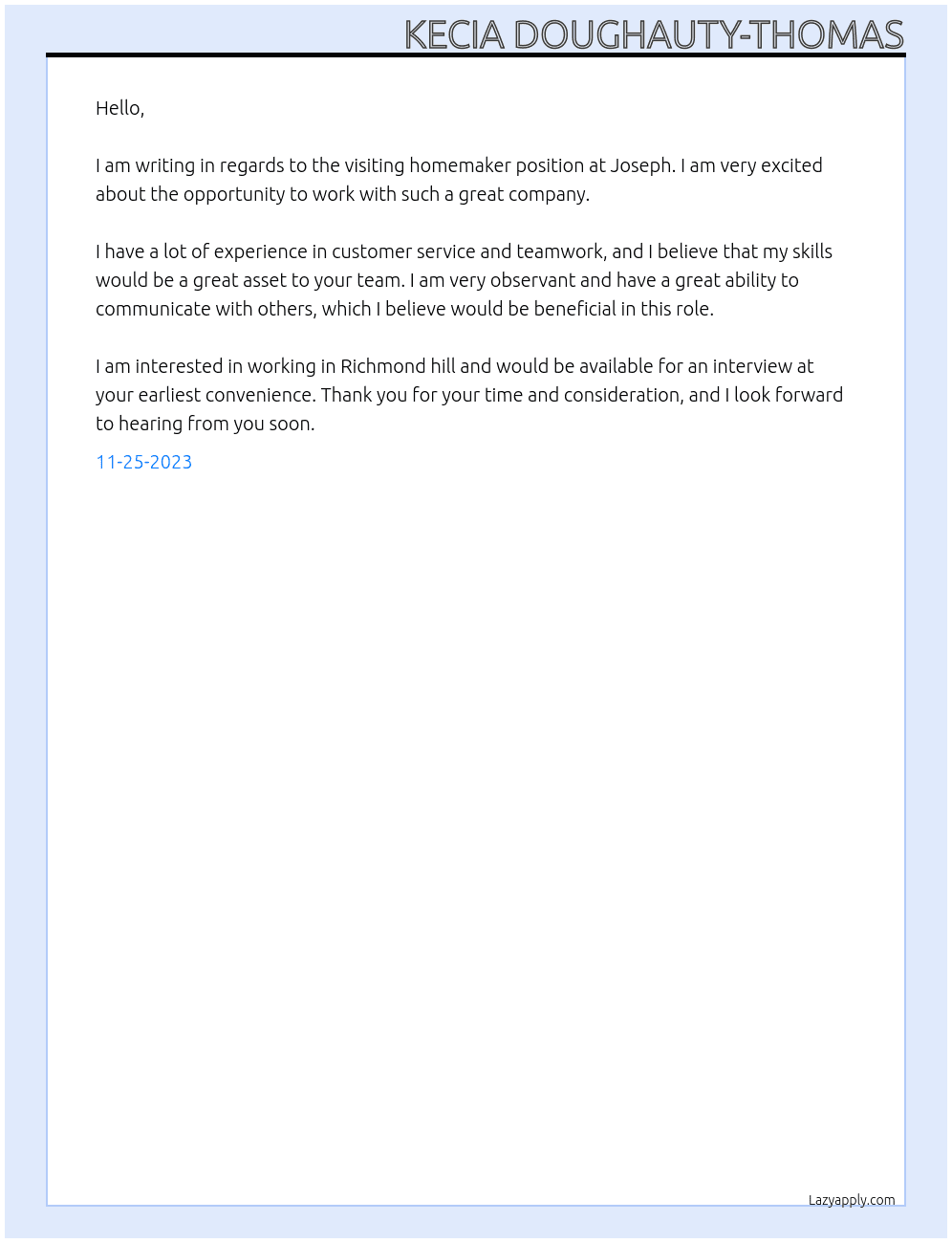 Visiting homemaker At Joseph Cover Letter