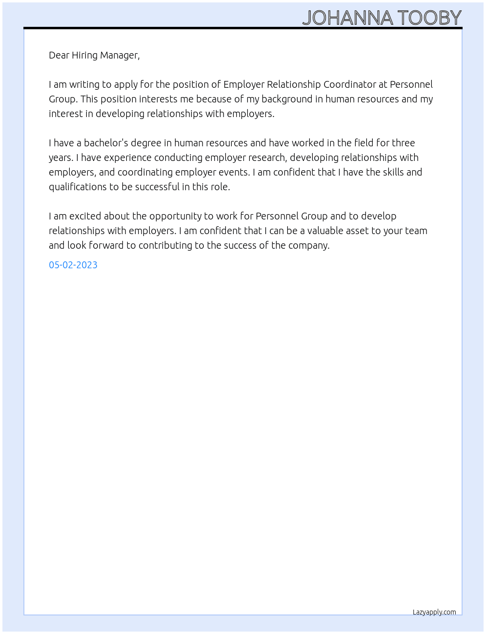 Employer Relationship Coordinator At Personnel Group Cover Letter