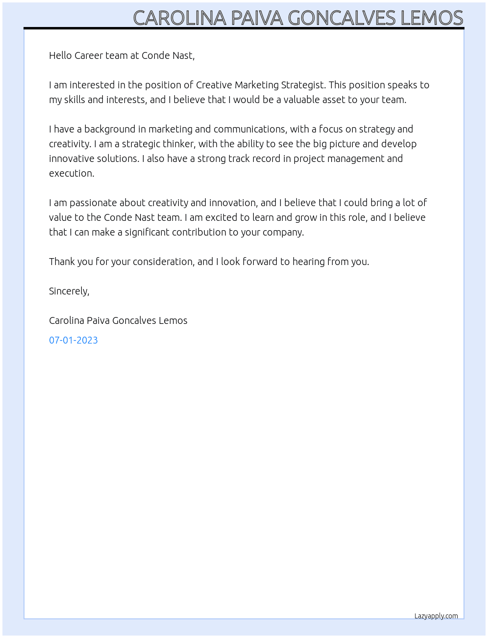 Creative Marketing Strategist, Conde Nast Commercial Creative At Conde Nast Cover Letter