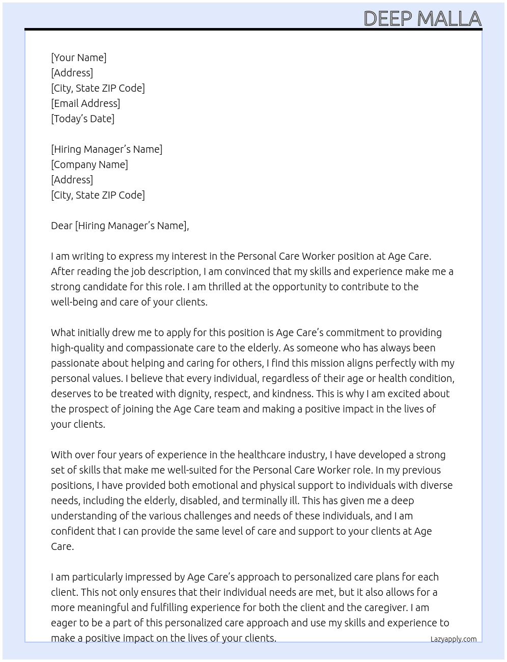 persoal care worker At age care Cover Letter