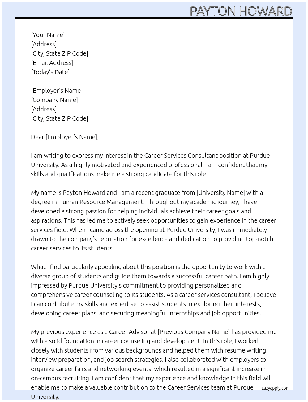 Career services consultant  At Purdue university  Cover Letter