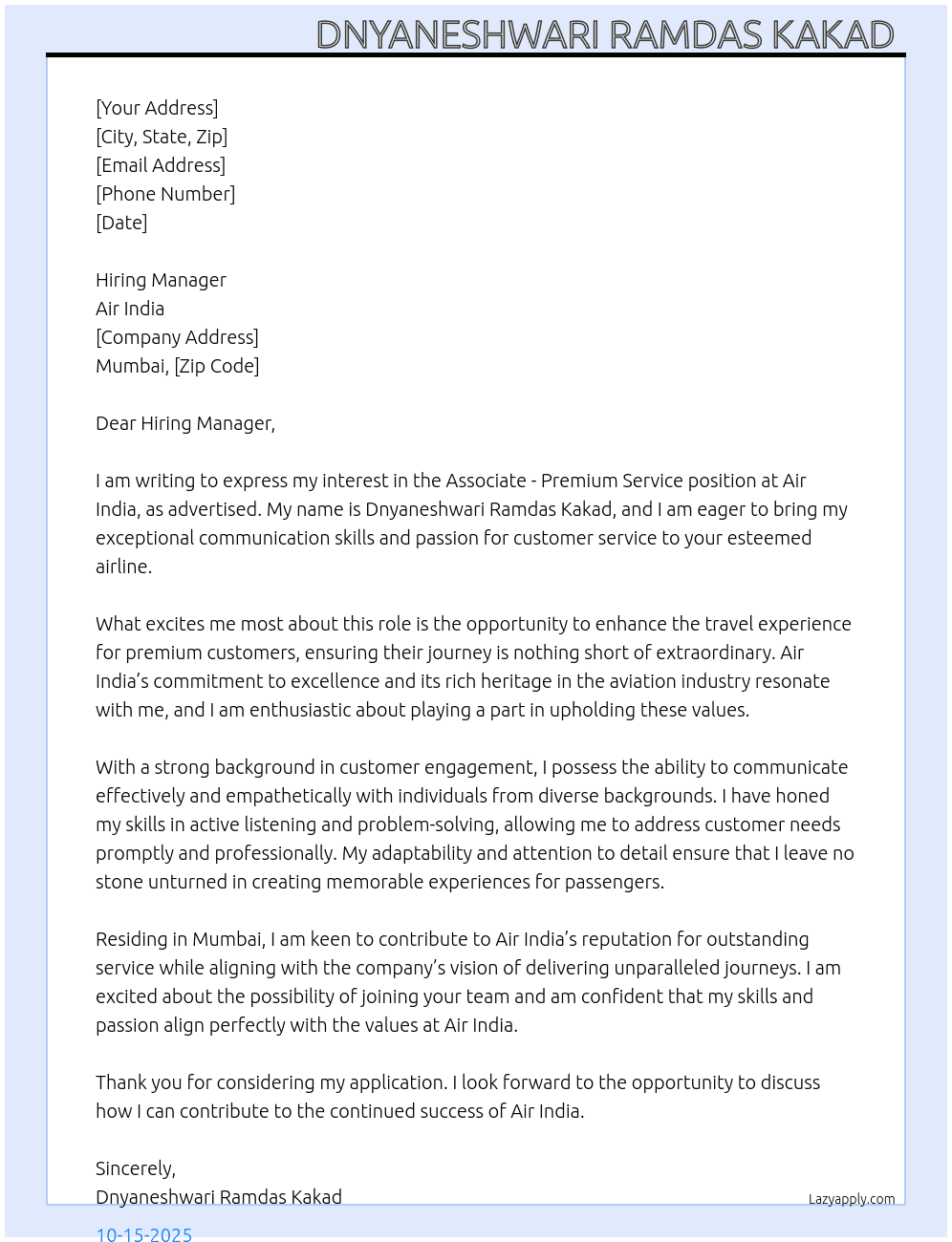 Cover letter for associate - premium service - LazyApply