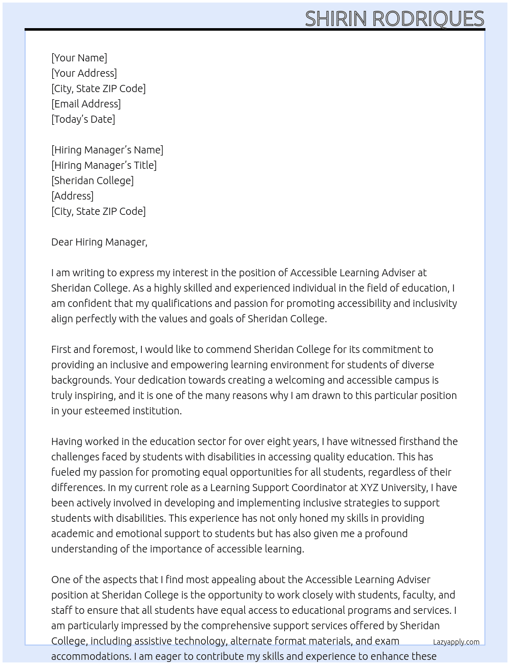 Accessible Learning Adviser At Sheridan College Cover Letter