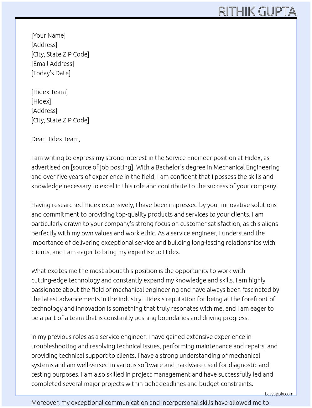 Service Engineer At Hidex Cover Letter
