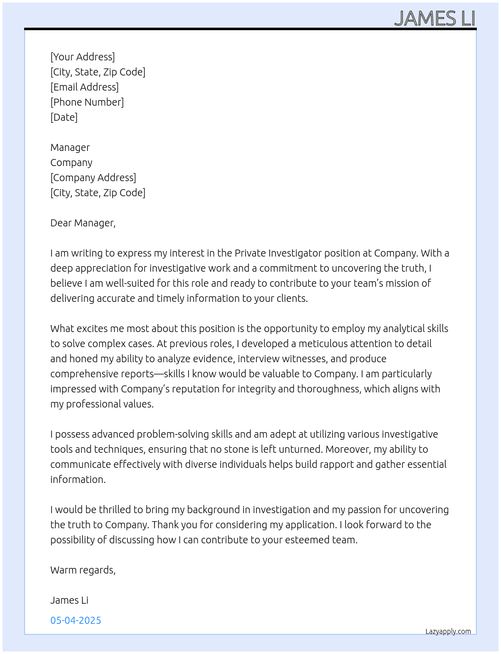 Cover letter for private investigator - LazyApply